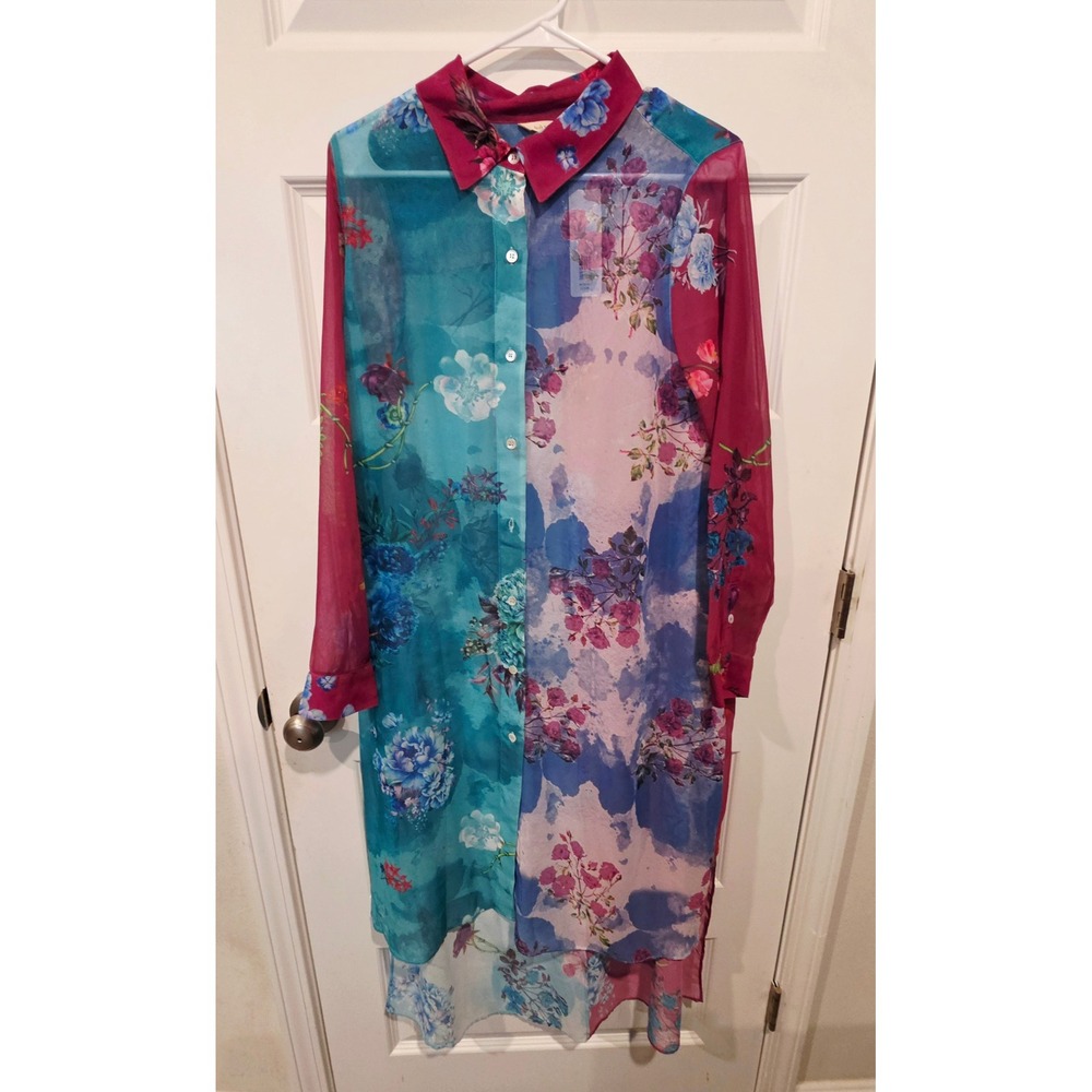 Soft Surroundings Calaflores Shirt Dress Womens M Multi Floral Sheer Boho Chic